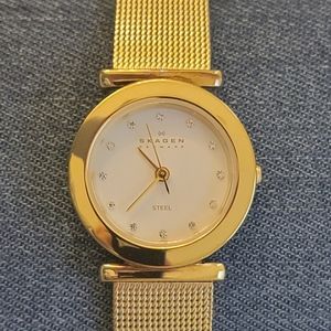 Skagen Steel Slim Women’s 24mm Round Quartz Watch Gold Case Mesh Bracelet